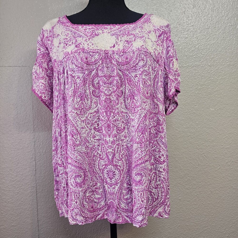 Savanna Jane Women 1X Pink Paisley Embroidered Boho Peasant Shabby Chic Top V758